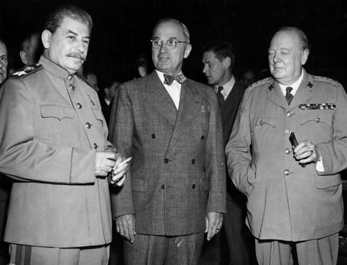 President Harry Truman, with Soviet Premier Joseph Stalin and British Prime Minister Winston Churchill (1945); photo c/o National Parks Service
