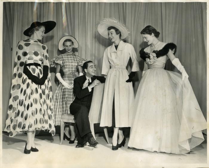 Multiple Coty Award-winner Norman Norell and models, S/S 1949 collection; photo credit: Indiana State Library 