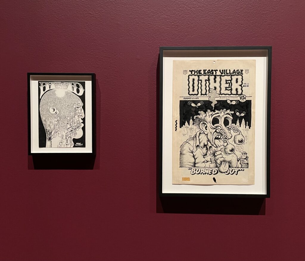 (l-r) Robert Crumb — "Head #1", 1967; Robert Crumb — "Burned Out", cover of the “East Village Other” 5, no. 10,
1970; photo © 2025 Manic Metallic