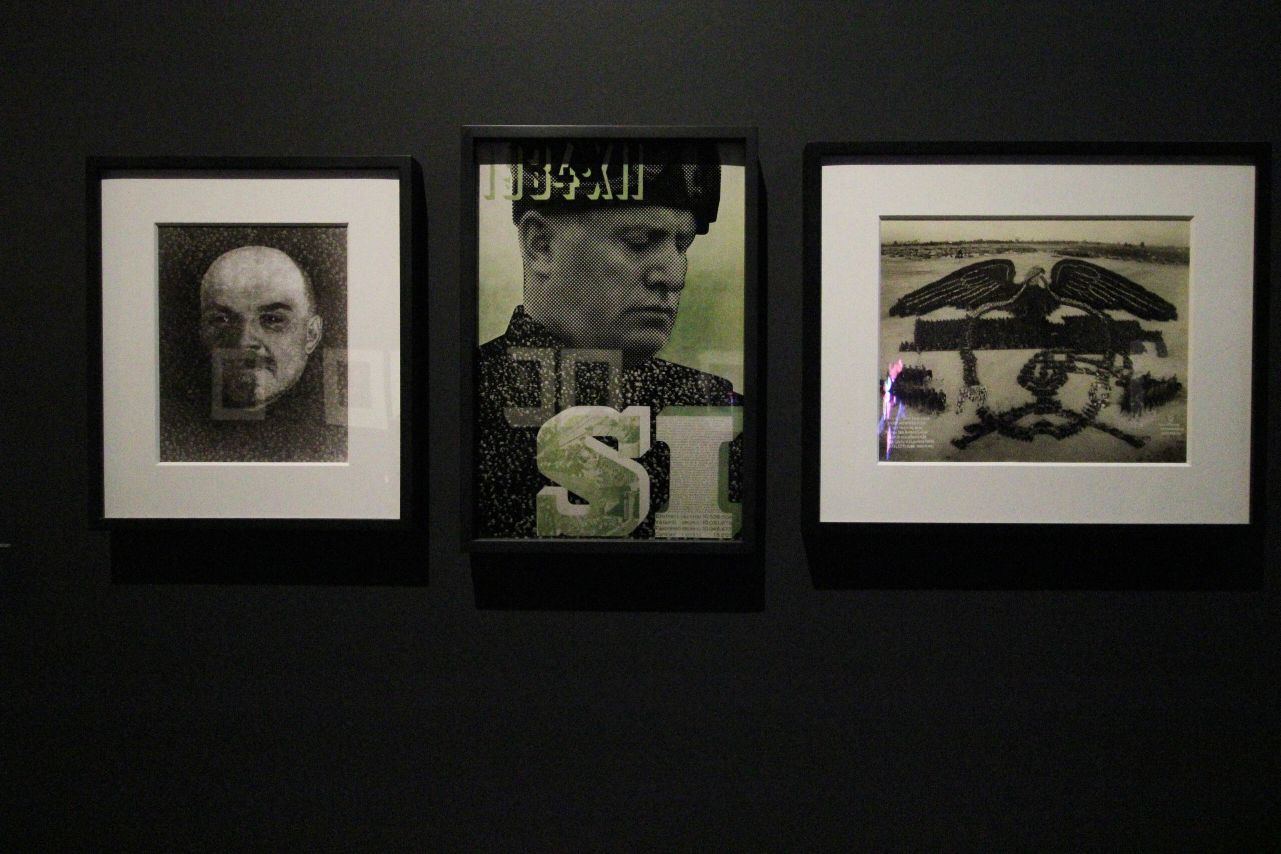 (l-r) El Lissitzky — “Untitled (Lenin)”, 1930; Xanti Schawinsky — “1934-XII”, 1934; Mole and Thomas — “Machine Gun Insignia; Machine Gun Training Center; 22500 officers and men, 600 machine guns; Camp Hancock, Augusta, GA”, ca. 1918; all photos © 2026 Manic Metallic