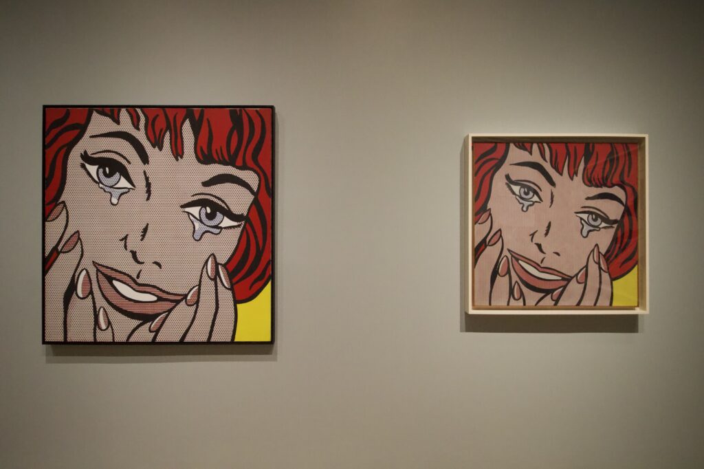 (l-r) Sturtevant -- "Study for Lichtenstein’s “Happy Tears”, 1967–68; Roy Lichtenstein -- "Happy Tears", 1964; photo © 2026 Manic Metallic